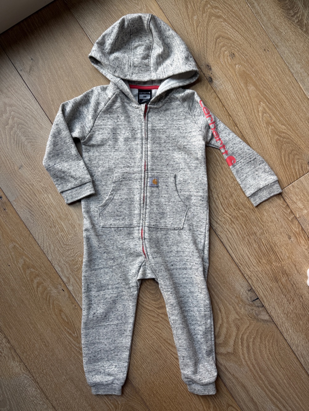 Carhartt Girls' Knit Long Sleeve Hood Coverall, Heather Gray, 24MO